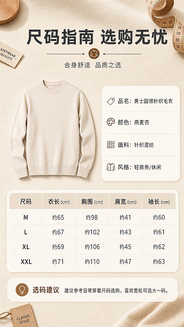 [商品] 使用【图1】燕麦杏色男士圆领针织毛衣；商品处理：保留圆领、长袖、罗纹袖口、罗纹下摆、针织纹理、燕麦杏颜色和整体版型；自然去除衣身杂乱褶皱与压痕，理顺垂坠，增强针织面料纹理、缝线和罗纹边质感，不改变版型和结构。
[画面] 目标为尺码与产品信息页。上半部分左侧为毛衣正面平铺小图，右侧为产品基础信息卡片。下半部分为清晰的尺码表格，含尺码、衣长、胸围、肩宽、袖长等字段，下方配选码建议。背景为暖调浅米色织物纹理台面，搭配软尺、标签等道具，整体信息层级清晰。
[视觉] 套系策略：风格=国内电商轻商务高级商业摄影；标题字=现代无衬线粗体（思源黑体Heavy）；正文字=简洁无衬线体（思源黑体Regular）；主色=燕麦杏（浅米驼）；背景延展=基于燕麦杏做深浅层级、同色渐变和细腻织物/哑光纸张质感；强调色=深焦糖棕，仅用于小面积图标、引线和标签；标题色=深炭灰；正文色=中暖灰；组件=圆角浅底信息卡、细线引线、极简图标；光影=左前侧暖柔光，柔和阴影。
[文字] 顶部主标题「尺码指南 选购无忧」。产品信息区：「品名：男士圆领针织毛衣」「颜色：燕麦杏」「面料：针织混纺」「风格：轻商务/休闲」。尺码表格清晰列出M/L/XL/XXL四档及对应尺寸（用约/参考等保守表达）。底部选码建议：「建议参考日常穿着尺码选购，喜欢宽松可选大一码」。文字全部横向排版，表格清晰易读。
[规格] 图片比例9:16竖版，2K分辨率，避免变形、错字、文字过小、冷蓝/蓝灰背景、毛衣颜色改变、版型失真、极限词。