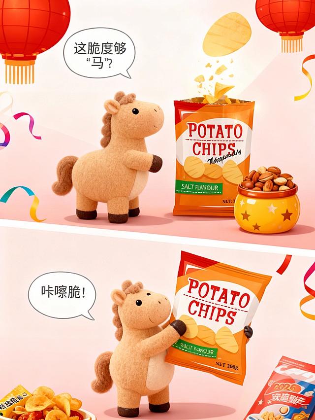 软3D风格萌马拟人化，毛发生长质感，喜庆红灯笼与彩带烘托节日氛围，卡通感十足，趣味对话强化产品脆感体验。