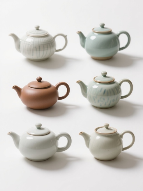 6个不同样式、不同种类的茶壶，排列整齐，白色背景，每个茶壶都有独特的造型和设计，具有陶瓷质感，色彩丰富，光影柔和，高光细腻，阴影自然，整体构图平衡，画面简洁干净，展现出茶壶的优雅形态和细节特征。预览效果