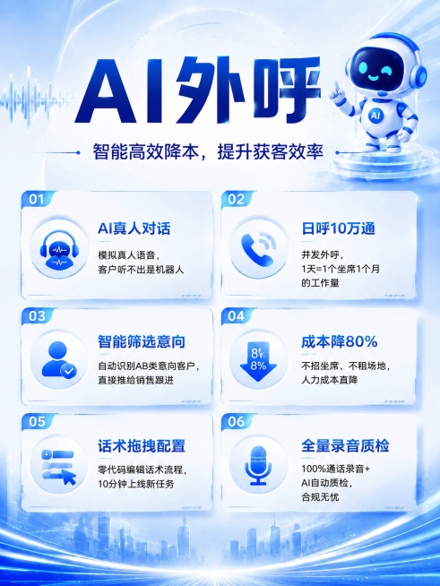 保持原AI外呼宣传海报文案、卖点内容和整体设计不变，在海报右上角空白位置添加一个简约卡通蓝色机器人形象，和整体科技蓝白风格统一，不遮挡现有文字和信息，提升海报活泼感，保持A4竖版比例，文字清晰可读预览效果