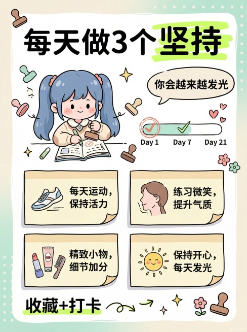 小红书风格竖版信息图，3:4比例，奶油米白+薄荷绿温柔清新背景，卡通Q版蓝色双马尾小女生，矢量插画风格，手绘可爱风格，多留白无写实元素，右下角无水印。顶部是手绘大标题“每天做3个”，其中“坚持”用荧光预览效果