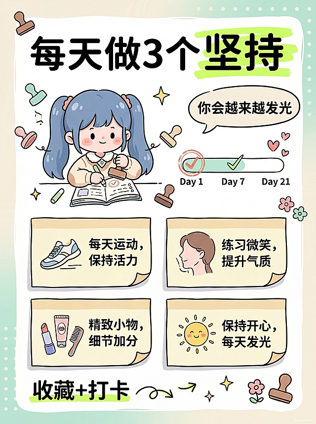 小红书风格竖版信息图，3:4比例，奶油米白+薄荷绿温柔清新背景，卡通Q版蓝色双马尾小女生，矢量插画风格，手绘可爱风格，多留白无写实元素，右下角无水印。顶部是手绘大标题“每天做3个”，其中“坚持”用荧光笔粗划线强调；中间是主角拿着打卡本盖章，旁边有“Day 1/Day 7/Day 21”手绘小进度条；下方是四条手绘便签要点，配对应图标：运动鞋、侧脸下巴线条、润唇膏护手霜梳子、笑脸小太阳；底部是手绘行动号召“收藏+打卡”；加入手绘装饰：打卡章、星星、对话气泡“你会越来越发光”，所有文字为手绘风格