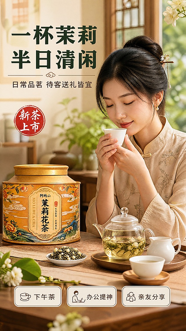 [商品] 使用【图1】阿屿山茉莉花茶金色铁罐；保留罐体结构、金色材质、标签文字完全不变；罐子颜色尺寸严格保持原样。
[画面] 目标：模特生活方式展示，下午茶品茗场景。构图：右侧亚洲年轻女性端坐品茶，双手捧白瓷茶杯轻嗅茶香，神情放松愉悦。左侧桌面摆放茶罐与冲泡器具。场景：明亮中式茶室/书房，窗边自然光，背景有绿植与茉莉花点缀。产品角度：茶罐正面朝向镜头，位于左侧桌面。前中后景：前景茶罐茶杯、中景模特上半身、后景虚化茶室环境。
[视觉] 套系策略：风格=国风新中式商业摄影，清新雅致；标题字=粗宋黑体，厚重有力；正文字=简洁无衬线体；主色=金棕+茉莉白；背景延展=暖木色+窗光暖白+绿植浅绿；强调色=朱砂红，仅用于小标签和图标；标题色=深墨绿；正文色=深棕灰；组件=圆角白底信息卡、细线引线、国风印章标签；光影=右侧窗光自然光，柔和暖调，人物面部光线均匀。
[文字] 左上主标题'一杯茉莉 半日清闲'，副标题'日常品茗 待客送礼皆宜'。底部三个场景标签：下午茶、办公提神、亲友分享。所有文字横排，不遮挡人物和茶罐主体。
[规格] 图片比例9:16竖版，4K分辨率，拼多多风格。负向：避免罐子变色变形、人物表情僵硬、冷蓝灰主色、竖排文字、欧美面孔。