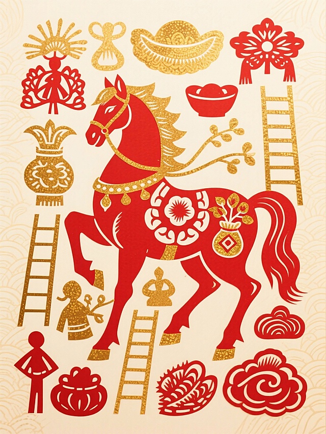 红金双色剪纸风，融合中式吉祥元素，马踏祥云，寓意新春喜庆与国潮风尚。