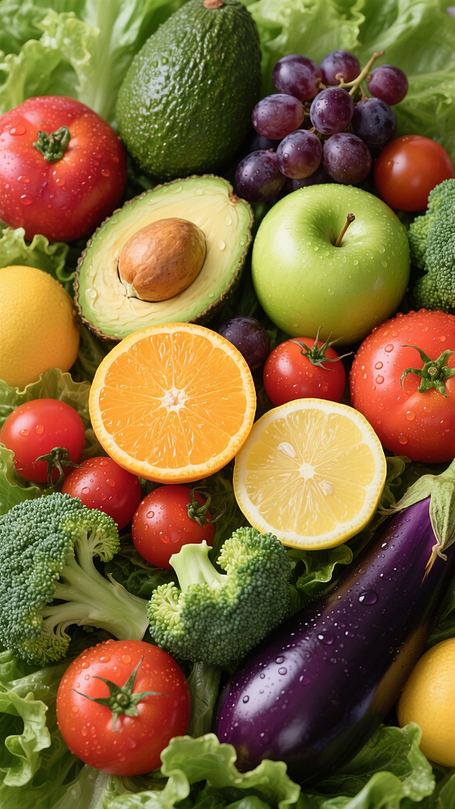 色彩鲜艳、高饱和度的果蔬组合俯视图，新鲜的绿色生菜作为底层铺垫，中央摆放着切开的橙子和柠檬露出饱满果肉与清晰果粒，周围环绕着完整的牛油果（带核剖面）、绿色苹果、紫色葡萄、红色小番茄、深紫色茄子和绿色西兰花，所有蔬果紧密排列形成丰富层次感，表面带有自然光泽和细微水珠，展现出极高的细节清晰度和真实质感，整体构图饱满均衡，营造出健康、新鲜、充满活力的视觉效果。