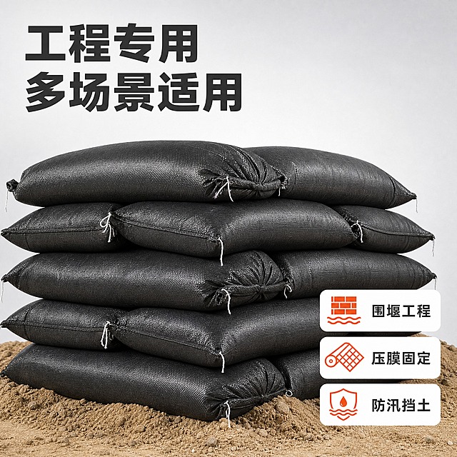 [主图-4] 工程场景应用图，任务是展示编织袋在围堰、压膜、防汛等真实工程场景中的使用状态，产品清晰突出，让买家直观看到用途。
[统一基调] 简洁突出产品风格，浅灰白渐变背景，深灰色粗黑体标题，橙红色强调色，干净利落，产品占比大。
[画面] 画面中央展示一组装满沙土的黑色编织袋，整齐堆叠成围堰挡墙的形态，约3-4层，袋子饱满结实，编织纹理清晰，产品占画面约60%。背景为简洁的浅灰白渐变，底部有少量沙土元素暗示工程场景，但非常克制不抢产品风头。整体产品清晰突出，场景元素极简。
[光影质感] 商业棚拍摄影质感，正面柔光+侧光，袋子立体感强，编织纹理清晰，堆叠的层次和阴影自然真实。
[配色] 背景浅灰白渐变，产品黑色突出，标题深灰色，强调色橙红色，整体明亮干净，产品是绝对视觉重心。
[文字版式] 左上角大标题"工程专用 多场景适用"，深灰色粗黑体。画面右下角放3个简洁圆角标签，分别写"围堰工程"、"压膜固定"、"防汛挡土"，每个标签有小图标，橙红色图标+深灰色文字。文字放在画面边缘负空间，不遮挡产品主体。
[输出要求] 1:1正方形，2048px，产品清晰突出，场景简洁不杂乱，文字清晰锐利，无错字，无水印，无平台logo，画面干净明亮。