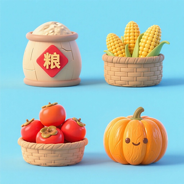 4个中秋素材组合，可爱电商促销感。素材包括：第一个粮仓（贴着带有 “粮” 字的红色菱形福字）；第二个一筐玉米；第三个一筐柿子；第四个南瓜。画面整体呈现鲜艳效果，淡蓝色背景。上下两行，排列整齐