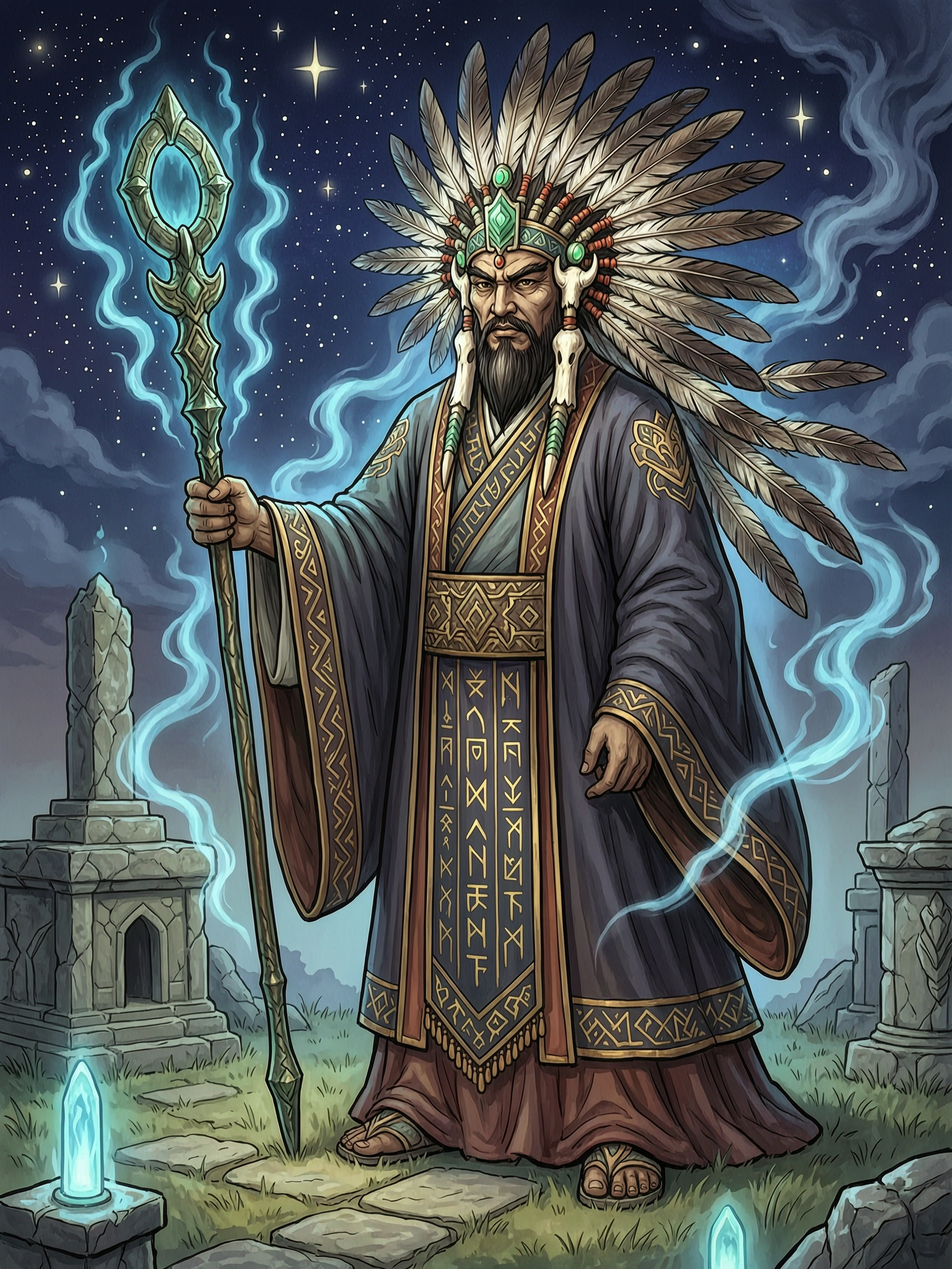 巫神，神秘威严的古代巫觋神祇形象，头戴华丽的羽毛与兽骨冠冕，身… - 图片创意预览