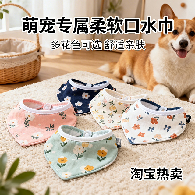 全新款式宠物口水巾淘宝产品宣传图，不同花色设计，展示可爱口水巾产品细节，画面干净清新适合电商展示，突出柔软舒适材质，放置在温馨宠物场景中，产品清晰美观