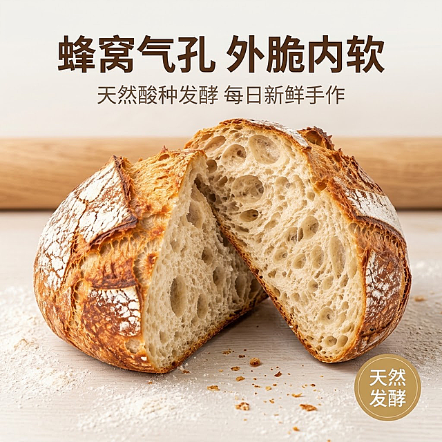 [主图1] 核心卖点主图，唯一任务：展示酸面包最核心的购买理由——天然酸种发酵带来的蜂窝气孔与外脆内软口感。
[统一基调] 统一视觉基调：温暖高端美食摄影，浅暖米白与暖木色背景，深咖啡棕主标题字，暖灰棕辅助说明字，麦穗金强调色，现代无衬线粗体标题、细体辅助字，简洁半透明信息卡，整体干净有食欲，产品外观保持金黄圆顶酸面包、对半切开、蜂窝气孔、轻微撒粉不变。
[画面] 欧式乡村酸面包对半切开后两半相对并排居中，切面朝前清晰展示蓬松蜂窝气孔与金黄焦脆外皮，轻微面粉撒粉与少量面包屑散落在浅暖米白台面上作为质感证据；面包约占画面60%，上方与侧方留出干净负空间放文案，右下角放一枚麦穗金圆形小标“天然发酵”。
[光影质感] 柔和自然暖光配合轻微逆光，突出气孔通透感、外皮焦脆质感与真实接触阴影，拒绝生硬冷光与纯白影棚感。
[配色] 米白台面、深咖啡棕主标题、暖灰棕辅助字、麦穗金强调元素，整体温暖有食欲。
[文字版式] 主标题大字“蜂窝气孔 外脆内软”置于画面上方居中或左侧，深咖啡棕加粗无衬线体；下方辅助小字“天然酸种发酵 每日新鲜手作”；圆形小标只作点缀，不遮挡面包主体。
[输出要求] 1:1方形，标题与辅助文字清晰无错字，面包完整不变形，画面干净无杂物，无平台Logo水印，无多余手指或畸形手。