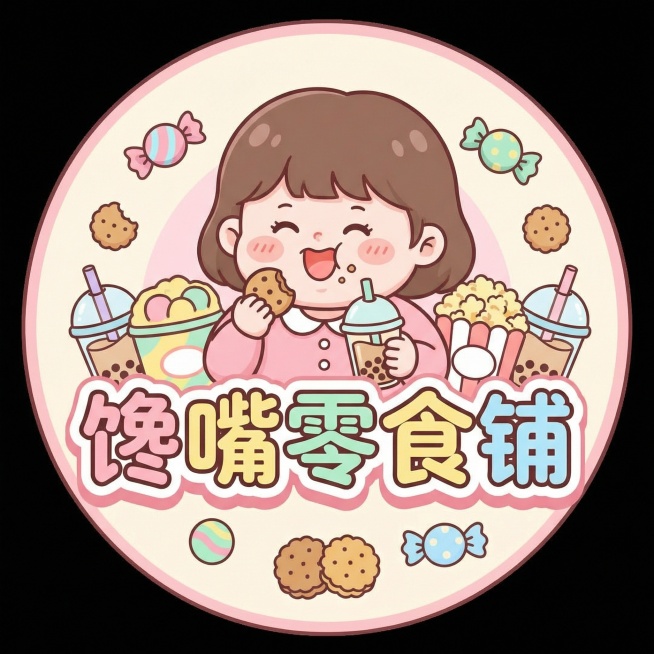 生成一个文字为“馋嘴零食铺”的logo头像，是卖女孩子们喜欢的零食的预览效果