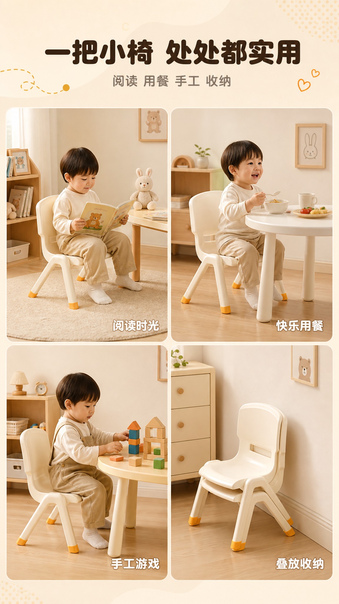 [商品] 使用【图1】米白奶油色一体成型儿童塑料椅：保留一体式… - 图片创意预览