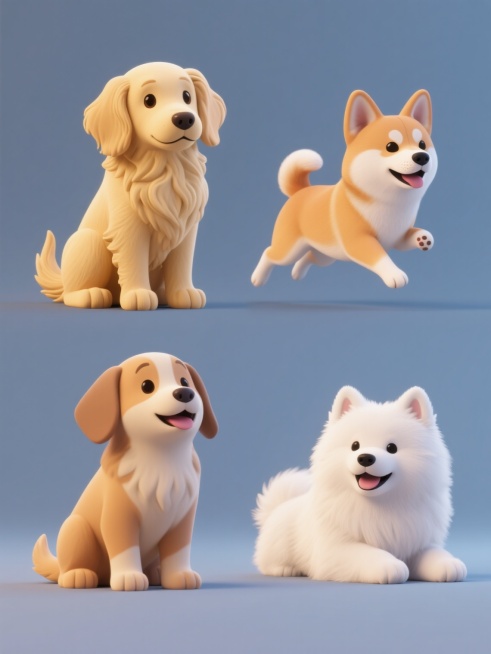4只不同种类的3D风格小狗，每只小狗造型各异，分别为坐姿的金毛犬、站立的柯基犬、奔跑的柴犬和趴着的萨摩耶犬，它们被规整地排布在纯色背景上，整体画面色彩明快活泼，展现出不同小狗的可爱特征和生动姿态。预览效果