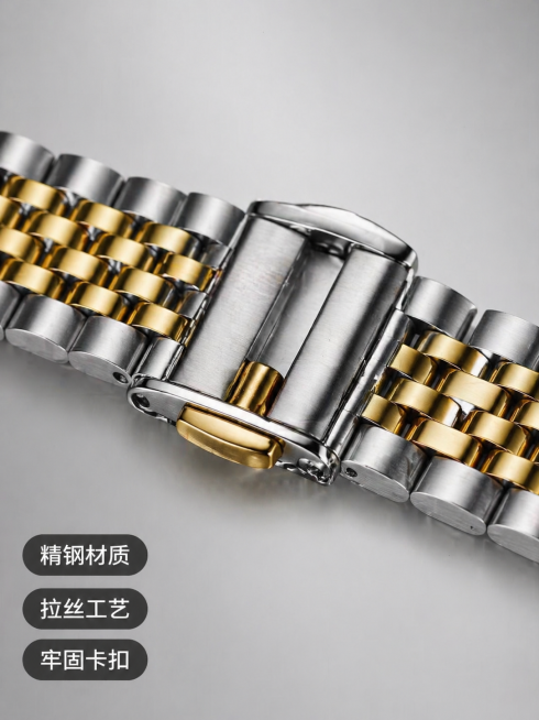 [主图 2] 苹果手表金属表带细节纹理展示图；[氛围风格] 科技质感微距特写，精致高级；[画质] 商业摄影超微距质感、细节清晰锐利、金属纹理真实还原、画面干净高级；[元素] 选取间金色表带做局部微距特预览效果