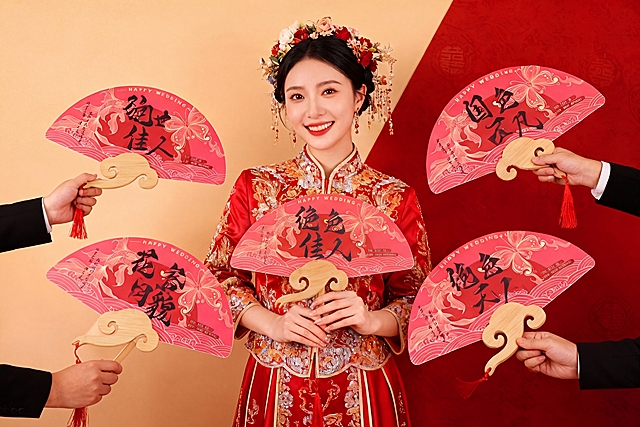 保持图中美女、其他周边的扇子、服装、背景和整体构图不变，将美女手中写有“囍”字的圆形扇子替换成和图二里同款同造型的红色扇面木质手柄扇形扇子，保持原有光影和风格一致