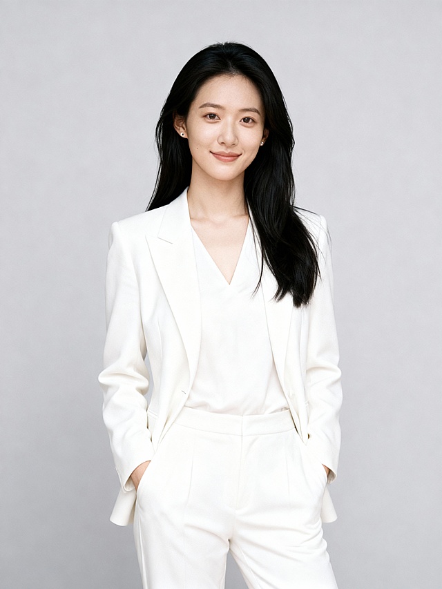 V领干练白色西装插兜女性职业形象照