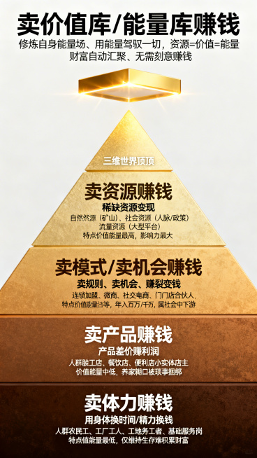 简约大气信息图，赚钱能量层级金字塔，共五层加金字塔外顶层，顶层悬浮在金字塔正上方。配色从底端深暗到顶端明亮渐变：
1. 第一层（底端）：标题“卖体力赚钱”，核心“用身体换时间/精力换钱”，代表人群农民预览效果