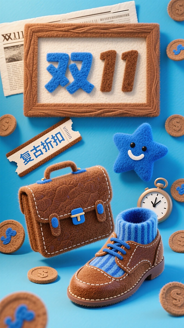 复古风箱包、鞋等，搭配 “复古折扣”，营造双 11 怀旧温馨的购物氛围