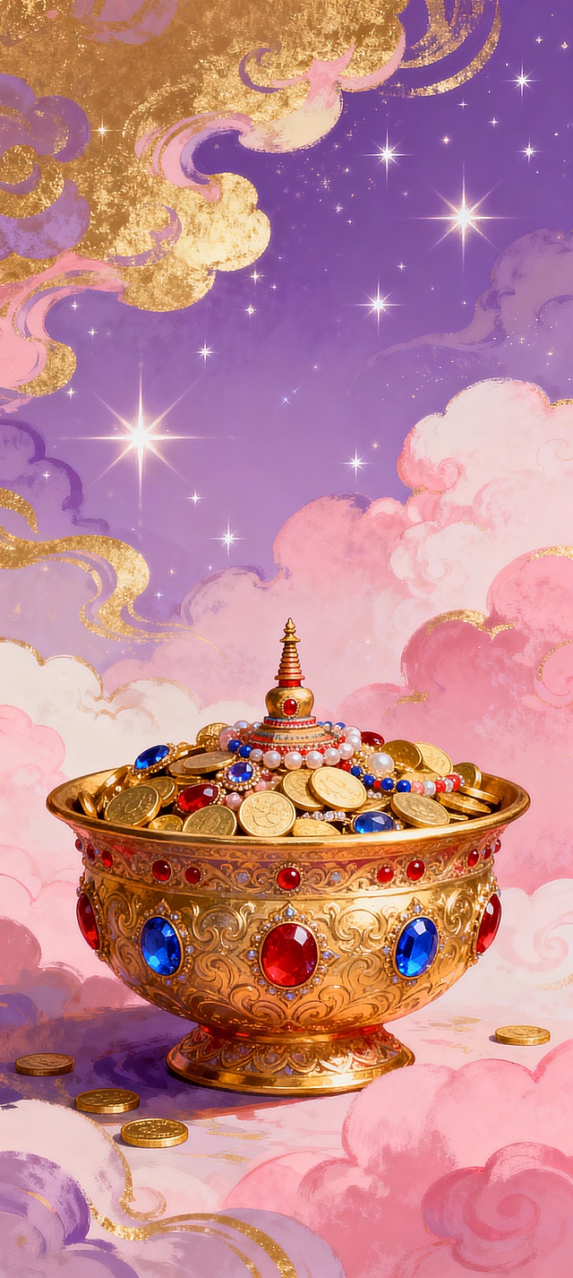 梦幻紫金云海中，鎏金宝盆盛满珍宝，融合中式祥云与水彩晕染，插画风重拟物设计，奢华璀璨，尽显节日喜庆。