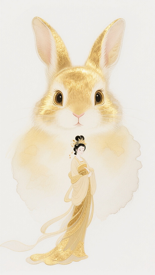 这是一幅苏绣作品，绣着一只巨大的兔子眼睛看着下方的嫦娥（全身），大面积留白，概念视觉，朦胧，梦幻，对称构图，极致的大小对比，金色调，主画面为刺绣材质，白色背景