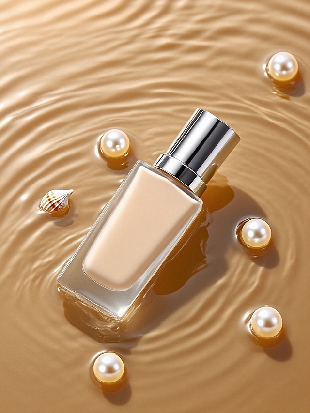 商业静物摄影。俯拍视角，主体倒放在水面上，周围随意的散落珍珠、贝壳点缀，简单干净的暖色调背景，简约柔和的光影，高级感。