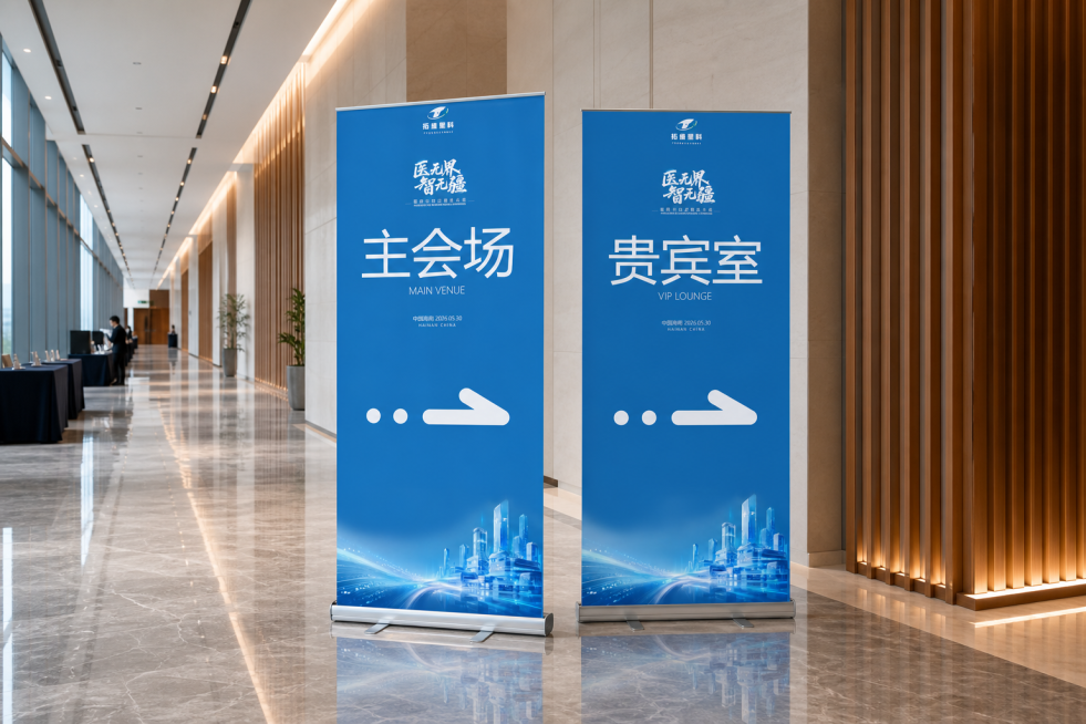 易拉宝展示，3D渲染，真实材质，不改变图片中的易拉宝内容，超强层次，真实实景，将两个易拉宝放在大楼大厅走廊，微侧视角，广角镜头预览效果