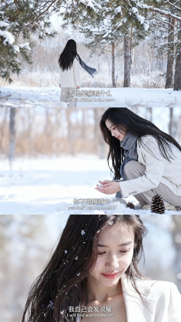 三宫格艺术感写真图，横向三宫格，场景为冬日落雪森林，色调呈冷白与浅棕渐变，地面铺薄雪，松枝挂雪，散落松果。画面主体为穿米色毛呢大衣的参考图少女，突出冬日森系氛围感。
近景：少女背影站在松树下，盯地面积预览效果