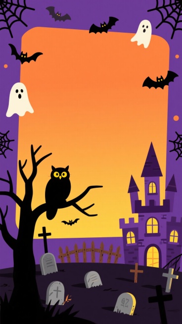 万圣节主题海报设计，扁平矢量风格，中央为大面积渐变橙色矩形留白区域，四周环绕深紫色背景，边缘装饰有卡通风格的幽灵、蝙蝠剪影和蜘蛛网图案。底部左侧有一棵黑色枯树，枝头栖息着睁着黄色眼睛的黑色猫头鹰，右侧是一座带有尖顶塔楼的紫色哥特式城堡，城堡窗户透出黄色光芒。地面上分布着墓碑、十字架和破旧木栅栏，几只蝙蝠从城堡上空飞过，整体色调以深紫、墨黑、橙黄为主，营造出神秘又童趣的节日氛围，视觉层级清晰，留……预览效果