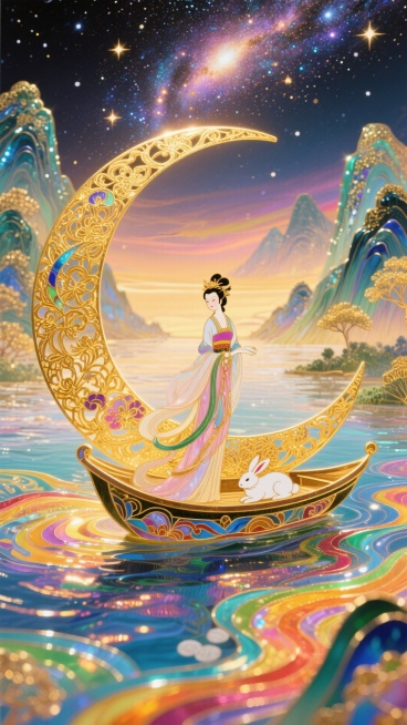非遗珐琅工艺风格，画面上方是灿烂的宇宙星河，画面下方是五彩斑斓的江水，江水两岸是山峦，江水中间是一弯月亮船，月亮船上有仙气飘飘的嫦娥，嫦娥在整体画面的中心，玉兔在月亮船上安稳得睡着，整体是金灿灿的暖色预览效果