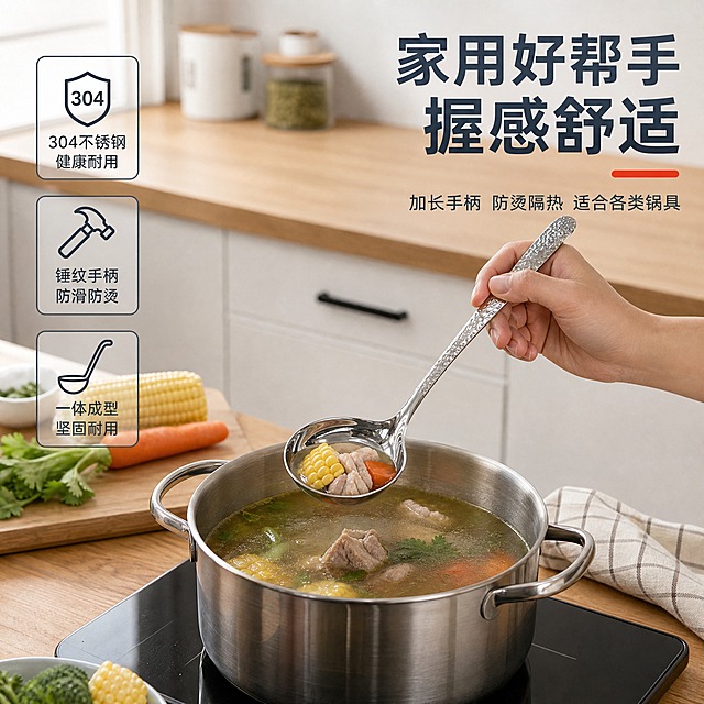 [主图-4] 真实使用场景与手持比例图，展示产品在家庭厨房中的实际使用与大小参照。
[统一基调] 1688 B端源头工厂风格，整体干净通透，金属质感强烈，背景以浅灰渐变+工厂台面元素为主，标题字色为深灰金属蓝，辅助字色为中灰，强调色为橙红色，字体为无衬线粗体，字号层级分明，卡片与图标采用简洁工业风线条样式。
[画面] 画面为现代简约厨房场景，木质台面上摆放着汤锅与食材，一只成年人的手自然握住锤纹汤勺手柄，正在从锅中盛汤，展示真实手持比例与握感。背景为浅色橱柜与柔和自然光，生活气息浓厚。产品保持原图外观：304不锈钢汤勺、锤纹手柄、镜面勺头、一体成型。
[光影质感] 自然光商业摄影质感，柔和窗边光从左侧照射，金属勺头反射自然环境光，锤纹手柄纹理自然，手部姿态真实自然，产品与场景融合自然。
[配色] 暖木色台面、白色橱柜、绿色食材点缀，产品银色金属色，整体温馨洁净的厨房氛围。
[文字版式] 右上角短标题"家用好帮手 握感舒适"，底部小字标注"加长手柄 防烫隔热 适合各类锅具"。
[输出要求] 比例1:1，文字清晰可读，产品与手部清晰自然，无手指畸形、穿模、变形、错字、模糊、杂乱、水印、平台Logo。