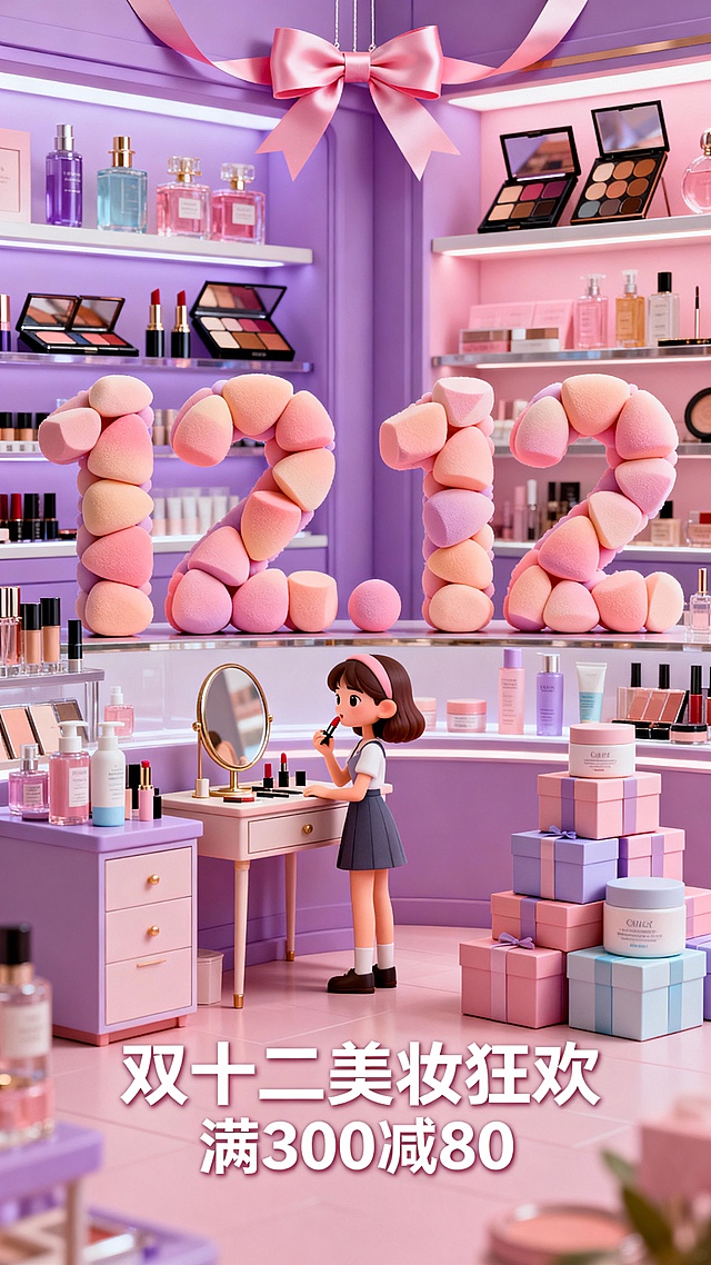 软3D风格微缩艺术场景，粉嫩色调营造甜蜜可爱氛围，卡通少女化妆造型呼应双十二美妆主题，膨胀感数字“12.12”点缀其间，充满节日狂欢气息。