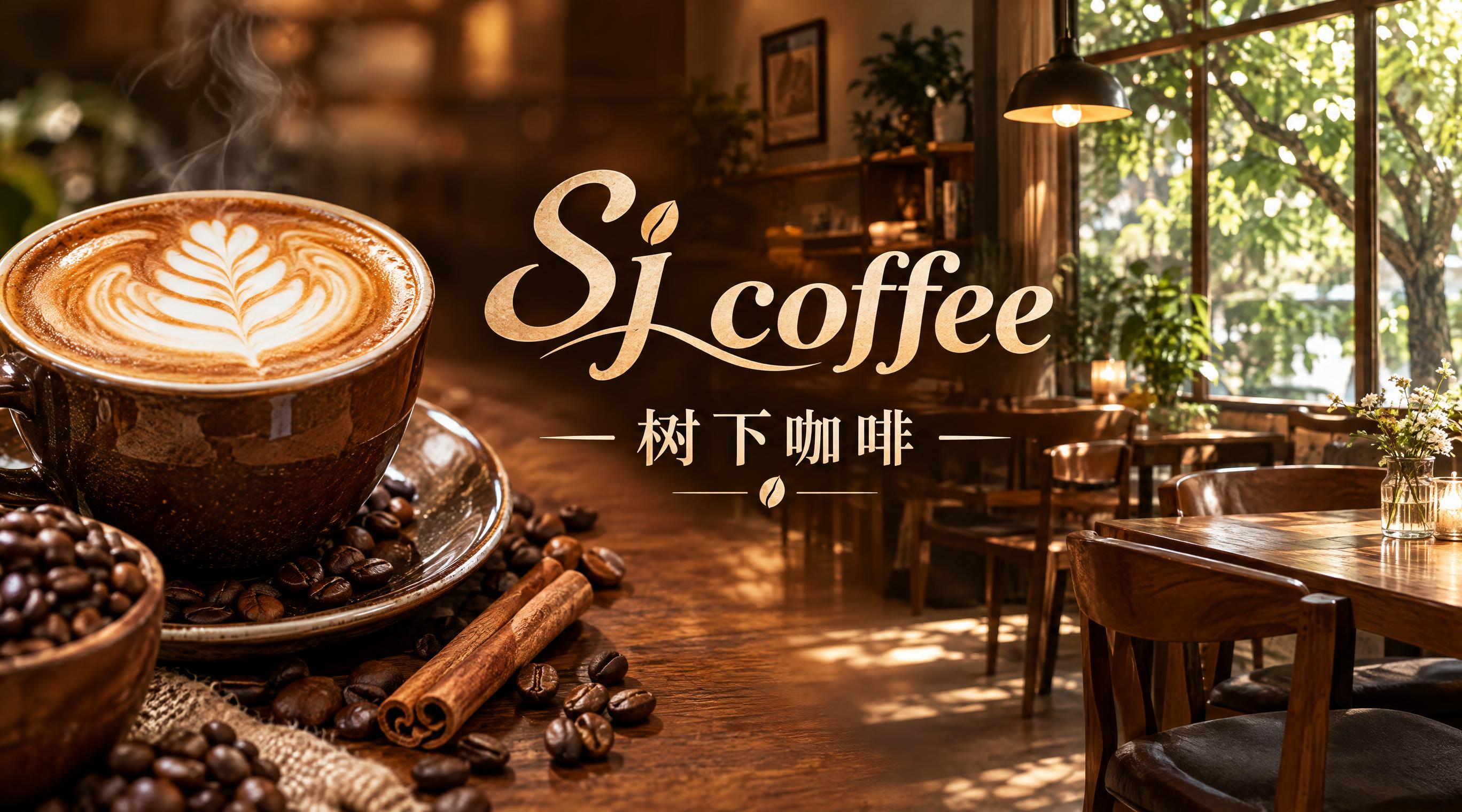 咖啡店店招设计，店名"Sj coffee 树下咖啡"，写实摄影… - 图片创意预览