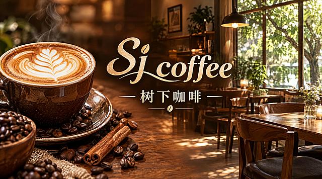咖啡店店招设计，店名"Sj coffee 树下咖啡"，写实摄影风格，有食欲感。横版构图，画面左侧是一杯精美拉花的咖啡特写，咖啡色泽浓郁诱人，奶泡细腻，旁边有咖啡豆和肉桂棒装饰；右侧是温暖的咖啡馆一角，窗外有绿树光影，木质桌椅，温馨的室内灯光。画面中央醒目呈现"Sj coffee"和"树下咖啡"店名文字，字体设计优雅有质感。整体色调温暖柔和，棕褐色系为主，营造舒适惬意的咖啡氛围。不要出现优惠字眼、地址和电话号码。高清写实，商业摄影级别，画面精致有质感。