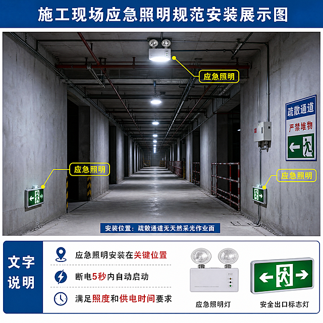 施工现场应急照明规范安装展示图，应急照明安装在疏散通道无天然采光作业面，标注"应急照明"标识，配文字说明：应急照明安装在关键位置，断电5秒内自动启动，满足照度和供电时间要求