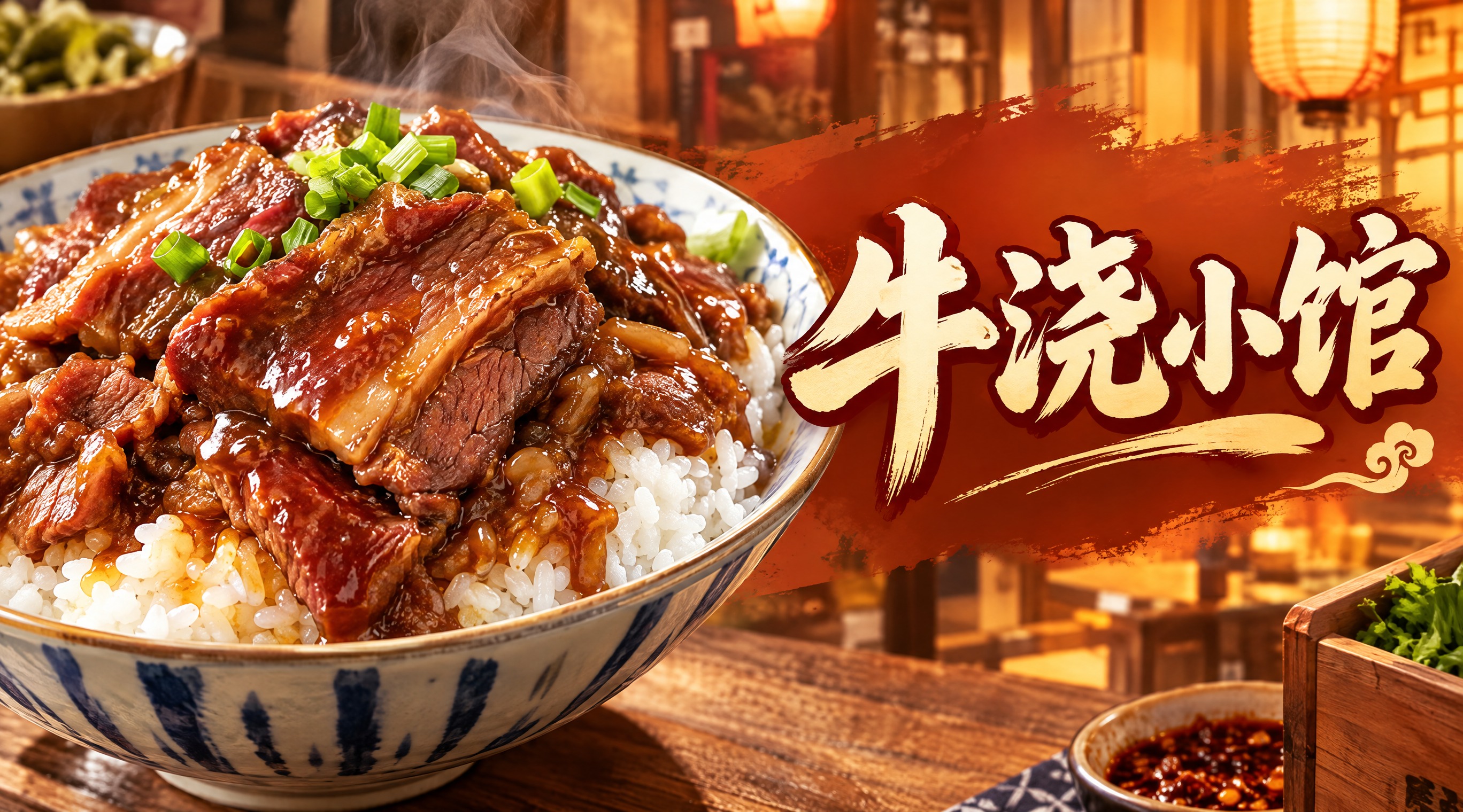 餐饮店招设计，店名"牛浇小馆"，横版构图，左侧是一碗诱人的牛肉… - 图片创意预览