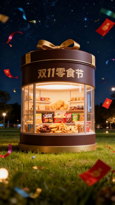 以夜空下的草地为背景，中央是打开的巨型巧克力罐子，罐子内部设计成橱窗，摆放着各类零食，罐身写着“双11零食节”，周围漂浮着彩带、红包。预览效果