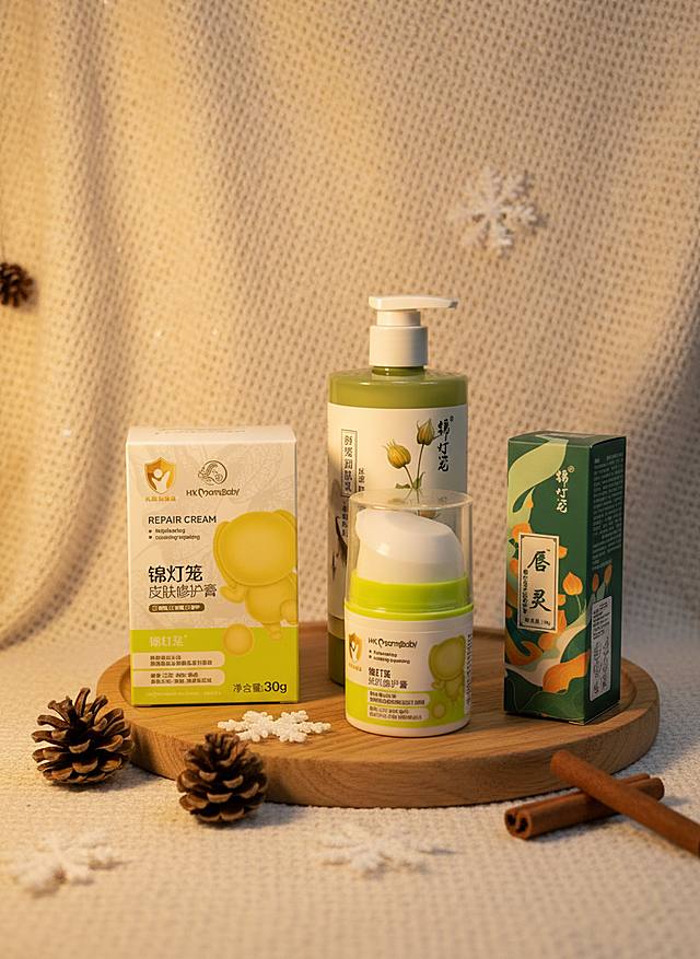 给三个参考图融合成一个主图，参考图要跟背景图融合，不能有违和感，并对生成图进行精修；主题是冬日护肤，带有冬日护肤的元素在，可调整产品的摆放方式及添加适当的展示台等元素，禁止修改参考图上的产品样式