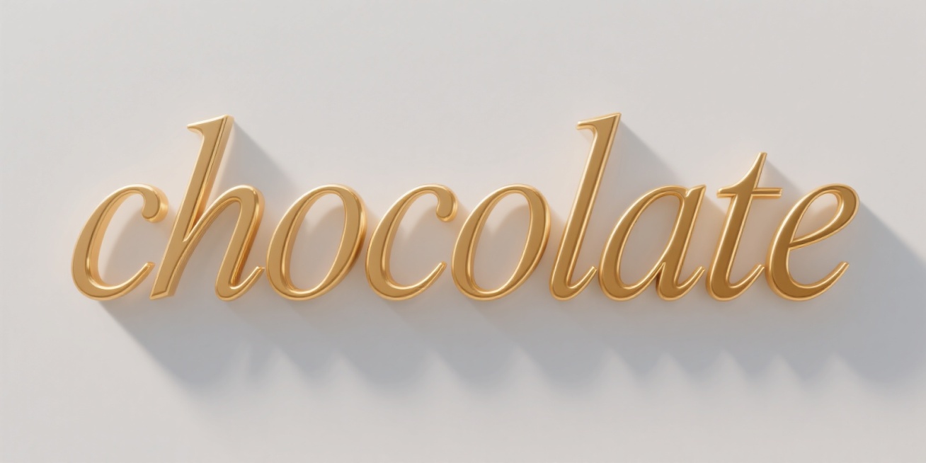 英语单词“chocolate”，金色立体效果，仿宋体字体，字体线条纤细，整体水平排列，无旋转无倾斜，清晰的字体边缘，立体感通过轻微阴影和厚度体现，背景为纯白色预览效果