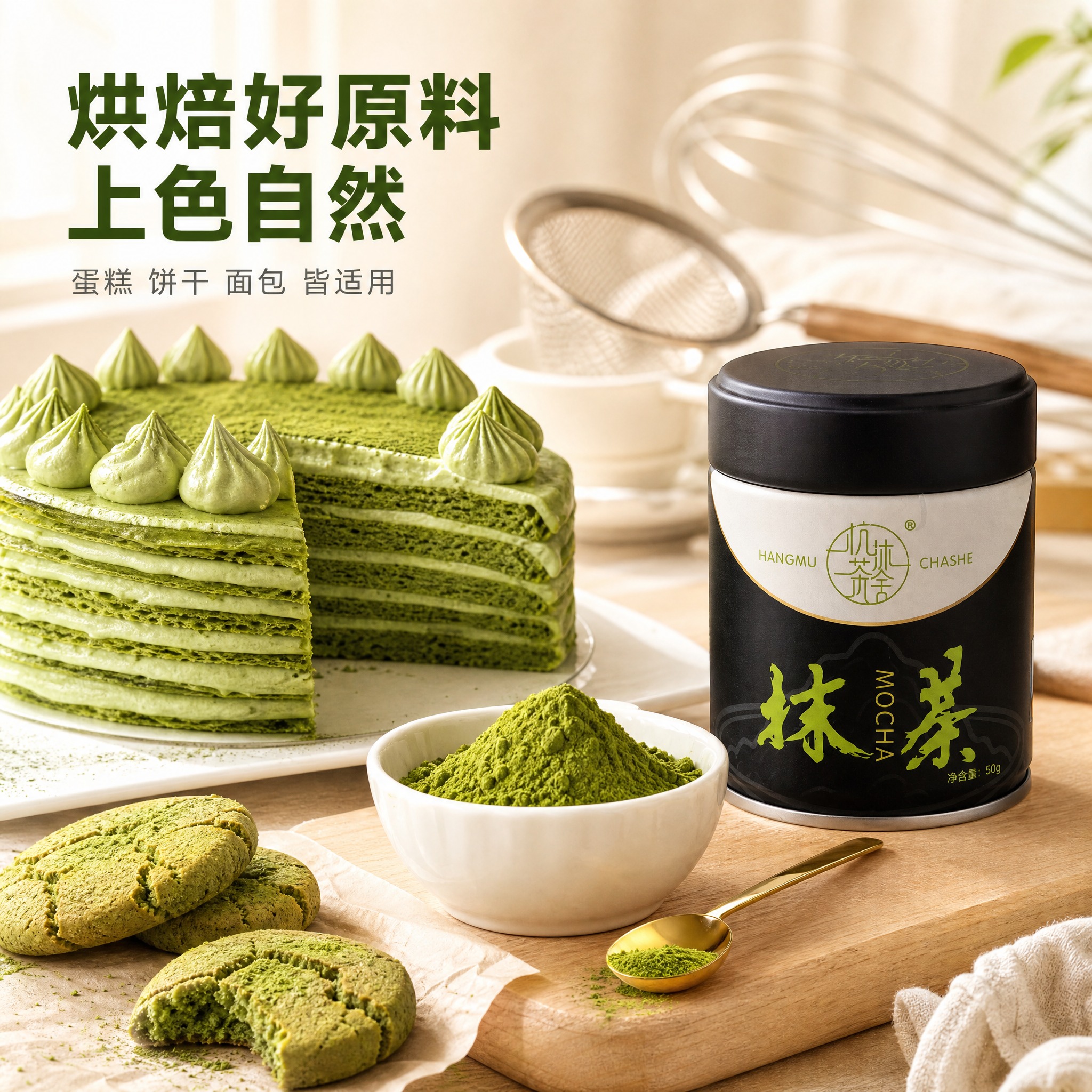 [主图-3] 杭沐茶舍纯抹茶粉烘焙场景应用图，展示蛋糕饼干烘焙… - 图片创意预览