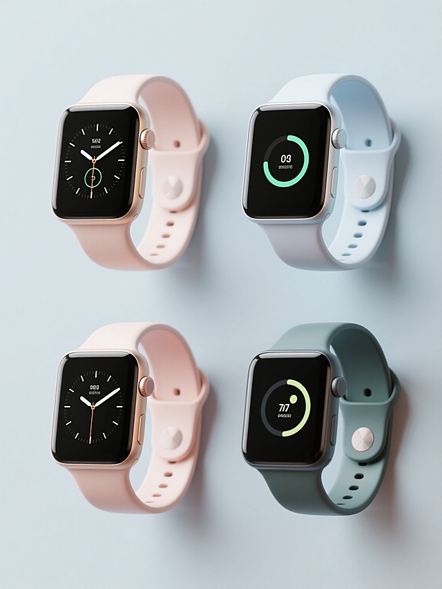 纯色背景上，四个不同造型、不同样式的智能手表以上下两行整齐排列，采用3D立体风格，明亮柔和的渐变色彩，清晰的光源与轻微阴影，平滑的材质质感，简约现代的设计语言，每个手表拥有独特的表盘形状、表带样式和颜色搭配，整体构图平衡对称，视觉层级分明，信息传达简洁高效，符合现代科技产品的设计感。