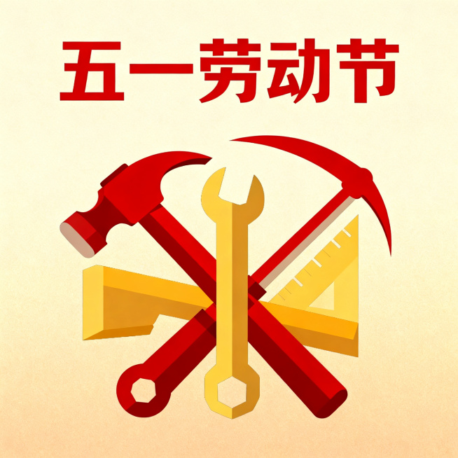 五一劳动节节日海报，红色暖黄色调，现代简约设计风格，画面中心展示艺术化的劳动工具组合装饰，包含主题文字五一劳动节，整体积极向上充满活力，适合活动宣传使用预览效果