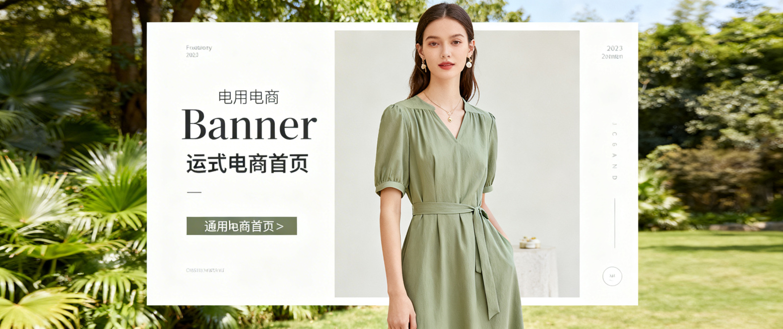 电商女装轮播宣传图，法式优雅连衣裙女装，简约大气设计，莫兰迪低饱和配色，适合通用电商首页banner展示，整体干净清爽，突出服装质感预览效果
