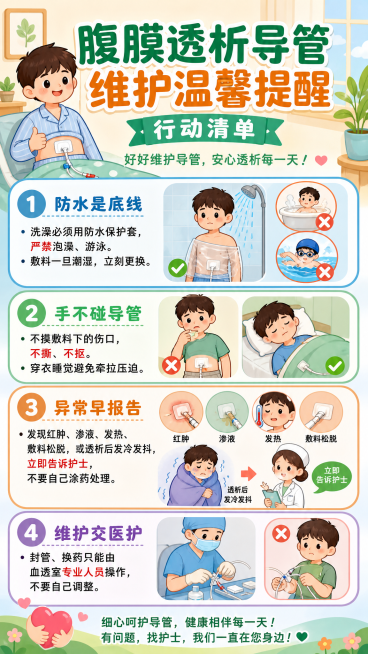 卡通风格医学科普宣传图，主题为腹膜透析导管维护温馨提醒行动清单，内容包含：
1. 防水是底线：洗澡必须用防水保护套，严禁泡澡、游泳。敷料一旦潮湿，立刻更换。
2. 手不碰导管：不摸敷料下的伤口，不撕、预览效果