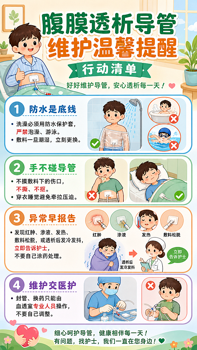 卡通风格医学科普宣传图，主题为腹膜透析导管维护温馨提醒行动清单，内容包含：
1. 防水是底线：洗澡必须用防水保护套，严禁泡澡、游泳。敷料一旦潮湿，立刻更换。
2. 手不碰导管：不摸敷料下的伤口，不撕、不抠。穿衣睡觉避免牵拉压迫。
3. 异常早报告：发现红肿、渗液、发热、敷料松脱，或透析后发冷发抖，立即告诉护士，不要自己涂药处理。
4. 维护交医护：封管、换药只能由血透室专业人员操作，不要自己调整。
整体风格温馨舒适，卡通简约，适合作为科普宣传海报，文字清晰排版整齐，标题突出，配色清新。