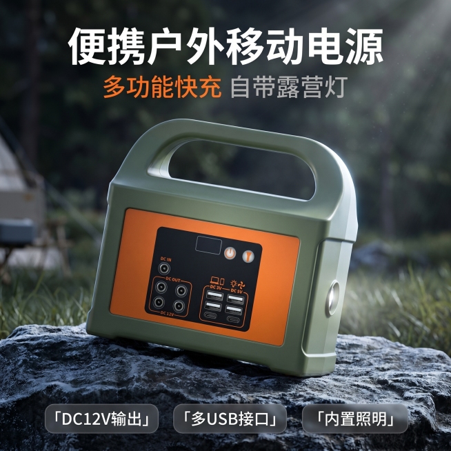 [主图 1] 便携户外移动电源首图，露营场景科技风展示。氛围风格：户外露营科技风，克制高级质感；画质：商业摄影C4D物理级渲染质感，光线通透对比清晰，产品细节真实锐利，画面干净高级。元素：保持军绿色便预览效果