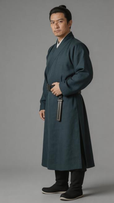 全身照，正视图，灰色背景现实风格，纹理细腻，全身站立，严格6:8头身比例，体态匀称，腿部修长，东方人体比例，精准稳定。三十八岁东方男性，长脸三角眼，鼻梁有浅疤，嘴角下撇，身穿皂青色衙役公服，腰佩铁尺，预览效果