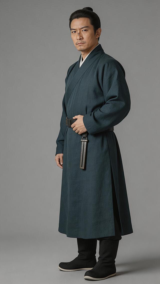 全身照，正视图，灰色背景现实风格，纹理细腻，全身站立，严格6:8头身比例，体态匀称，腿部修长，东方人体比例，精准稳定。三十八岁东方男性，长脸三角眼，鼻梁有浅疤，嘴角下撇，身穿皂青色衙役公服，腰佩铁尺，脚蹬黑靴，一手扶腰，侧身站立