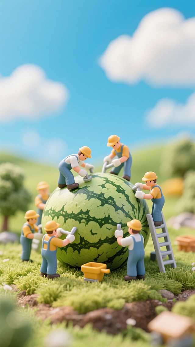 清新卡通风格，微缩艺术展现工人在西瓜上作业，趣味盎然。