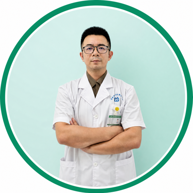 产品精修, 保留人物主体和白大褂医生着装, 修改底色为浅青绿色，添加外圈绿色圆形边框+中间白色内圈边框，保持圆形构图，和参考样式一致。专业商业棚拍光, 5500K标准中性白光, 轮廓光, 体积光, 曝预览效果