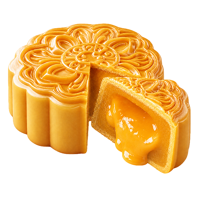 保持原图月饼的外形、雕花花纹、整体形状完全不变，保持3D写实质感和金黄色泽不变，将切开的部分内部替换为流心奶黄馅料，有流动的金沙流心效果，细腻绵密的流心质感，不添加任何场景和背景，保持白色背景，只修改内部馅料为流心状态，外皮形状花纹完全不变